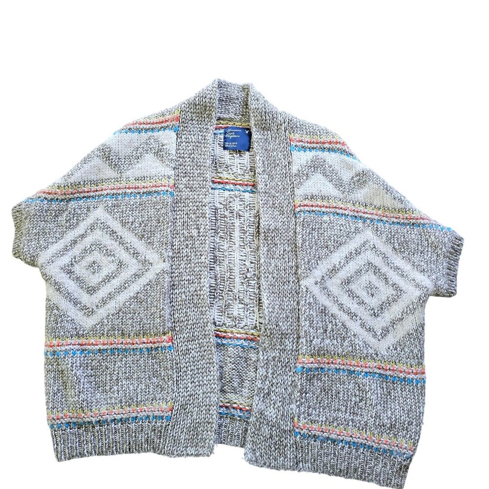 American Eagle Outfitters XS Aztec Detail Short-Sleeve Knit Cardigan Beige/White
